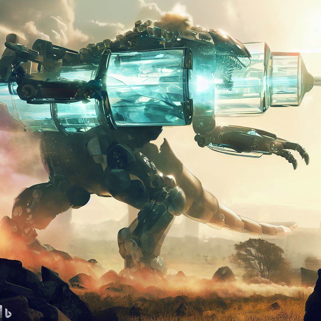 giant future mech dinosaur with glass body firing guns in wild, rocks in foreground, smoke, surreal clouds, lens flare 5.jpg
